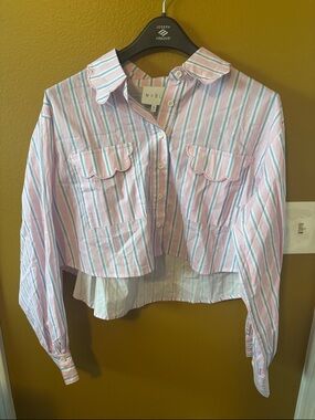 Pink Striped Scallop Pocket Cropped Shirt - Kids